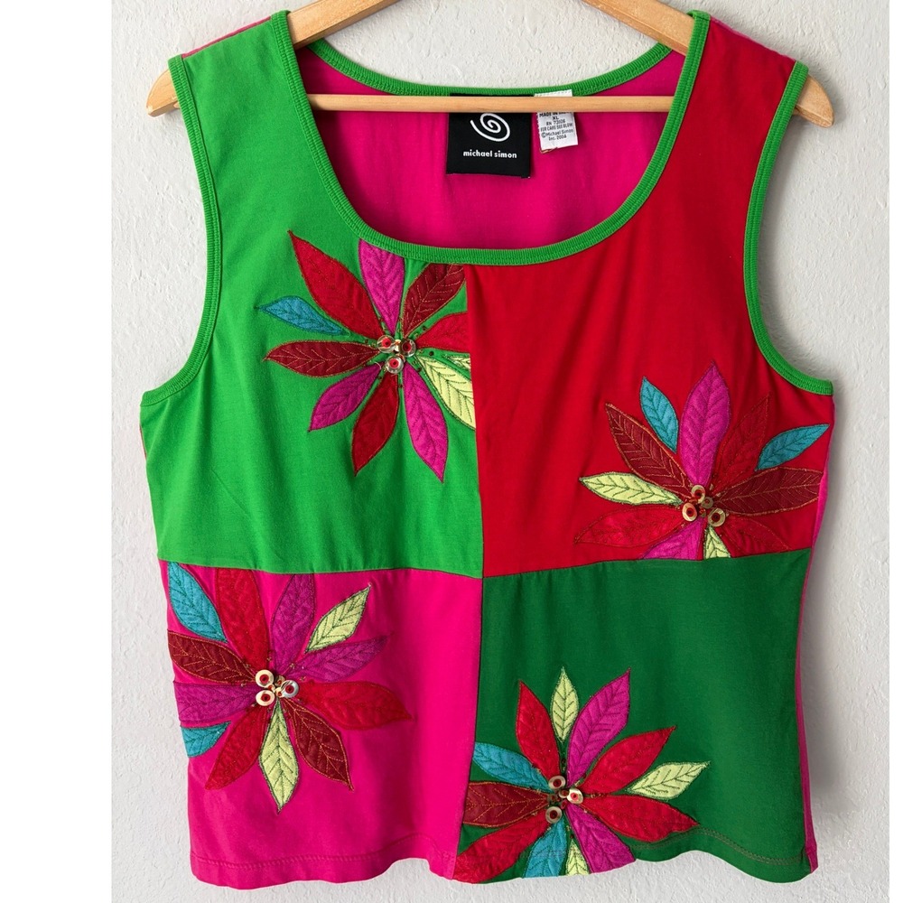 Vintage Michael Simon Embroidered Poinsettia Colorblock Tank Top XL Holiday 90s